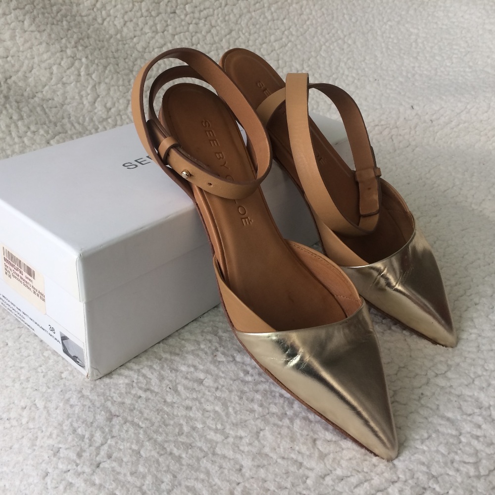 See By Chloe Hera Gold and Tan Ankle-Strap Mules